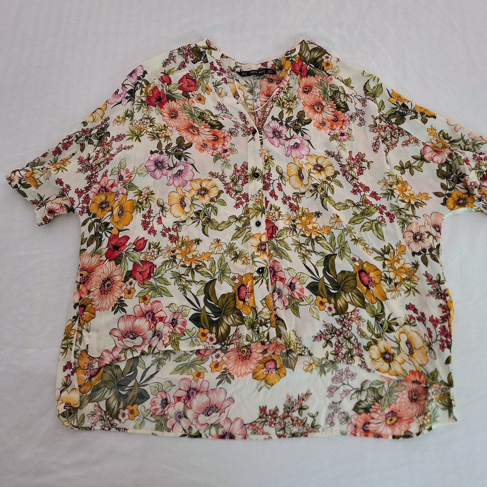 Zara Floral Button Up High Low Blouse, Small